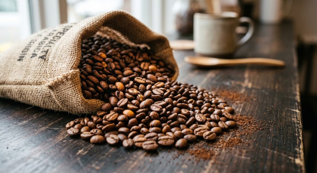 Café em grão Arábica premium, recém-torrado, com tons marrons e texturas. Delicadamente disposto sob luz suave.