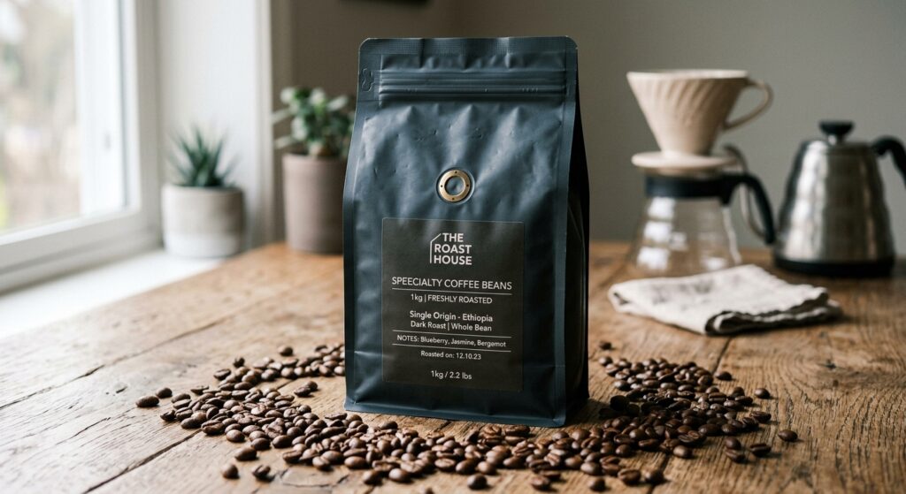 Café em grão 1kg especial fresco, torra escura, em embalagem matte premium. Grãos brilhantes espalhados. Ideal para b...