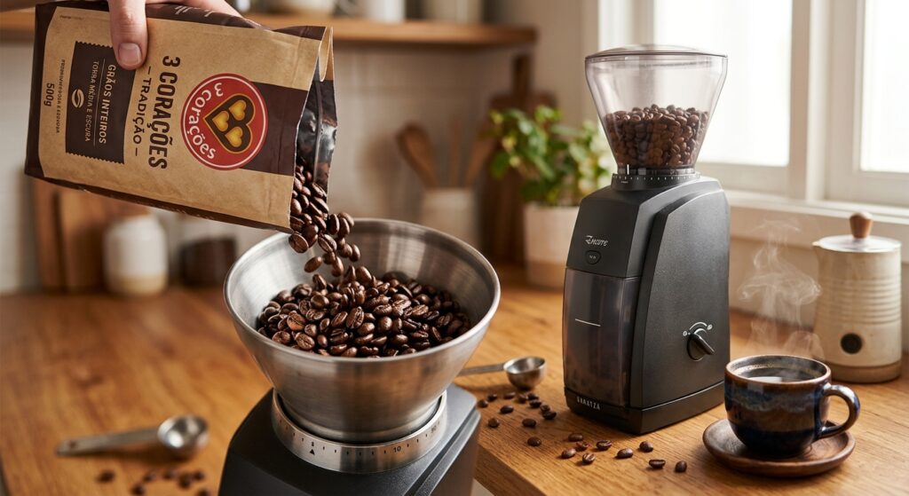 Café em grão 3 Corações fresco, da embalagem ao moedor. Grãos brilhantes, xícara fumegante: barista premium em casa.