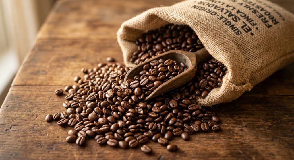 Close-up de café em grão gourmet recém-torrado e brilhante, derramando de um saco de juta sobre madeira. Qualidade pr...