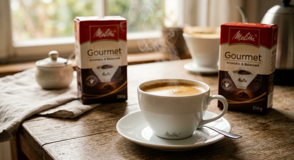 Ritual matinal: café gourmet Melitta em xícara perfeita, vapor e creme. Embalagem elegante desfocada.