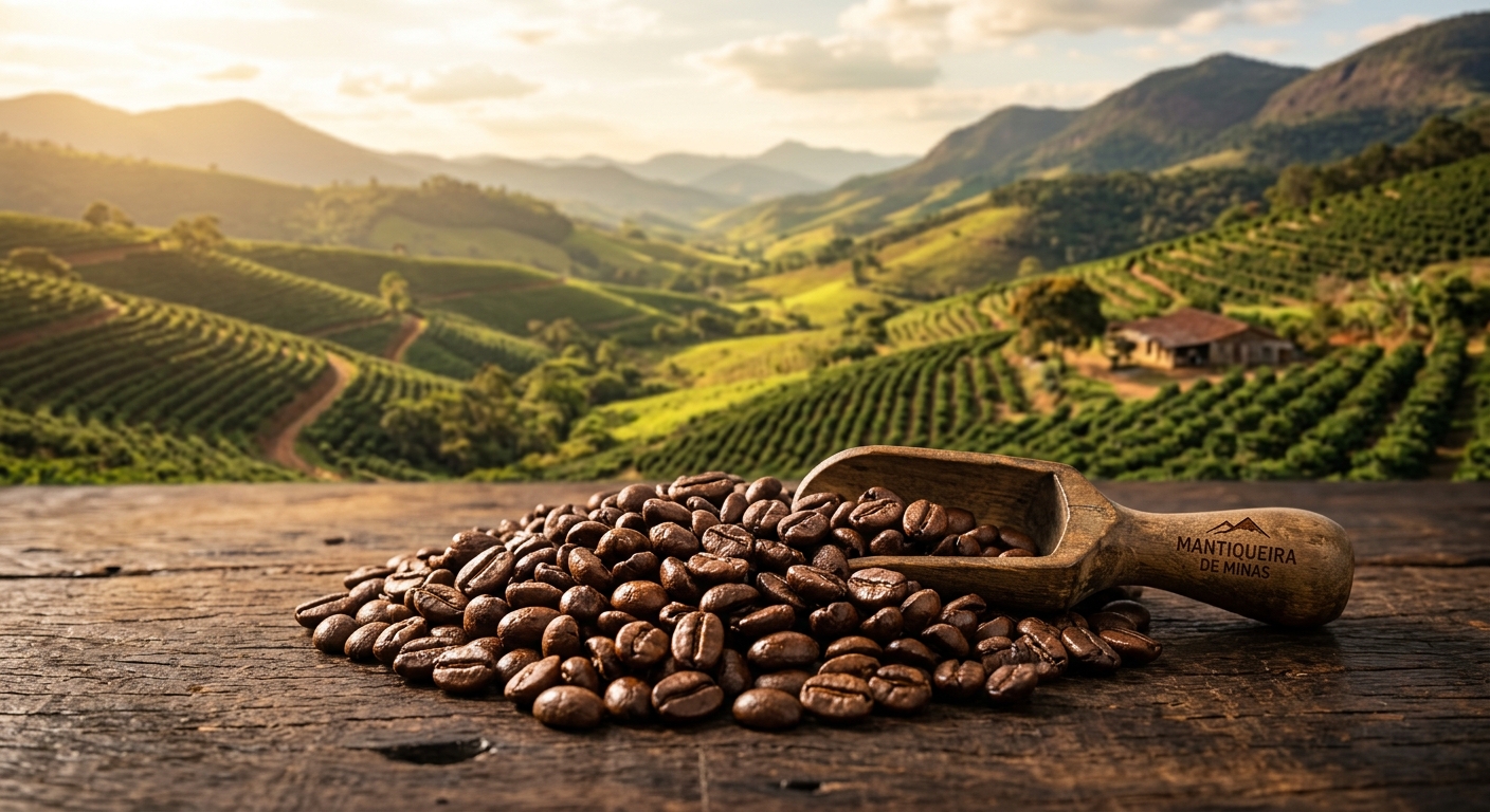 Grãos especiais de cafés da Mantiqueira de Minas, torrados e brilhantes, em madeira, com plantações sob sol dourado.