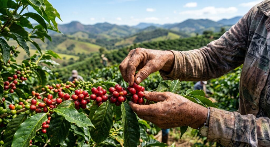 Colheita manual de cafés da Mata de Minas. Cerejas maduras. Qualidade, terroir e café especial.