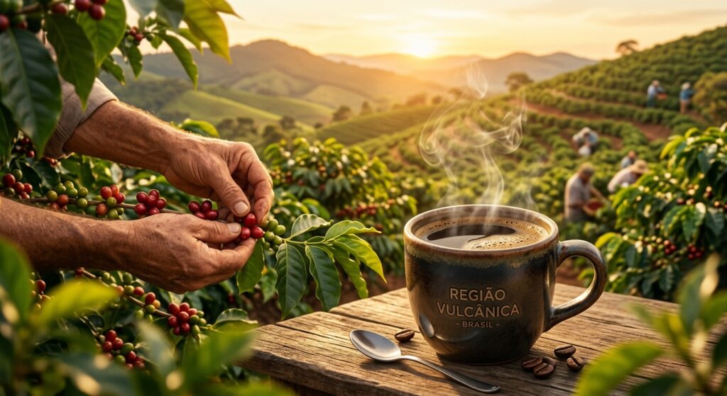 Café premium fumegante e colheita artesanal dos cafés da Região Vulcânica ao pôr do sol.