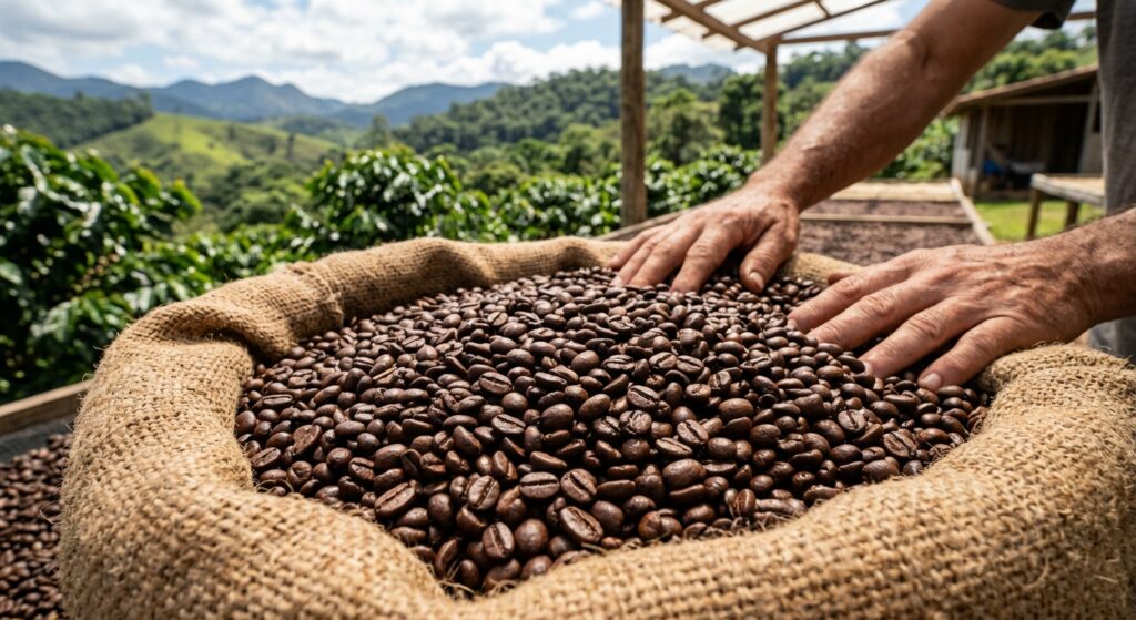 Grãos de Conilon (Robusta) recém-torrados, vibrantes e ricos, revelando a excelência dos cafés do Norte Capixaba.