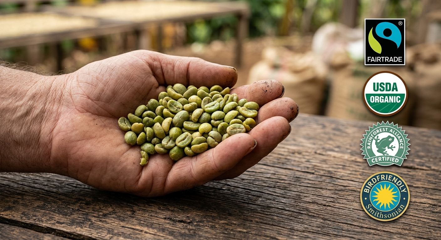 Mão com grãos de café verde e selos Fair Trade, Orgânico. Certificações para cafés garantem qualidade e ética.