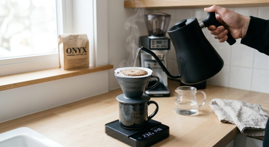 Chaleira bico de ganso preta vertendo água com precisão em café no coador. Ritual de preparo na bancada com luz natural.