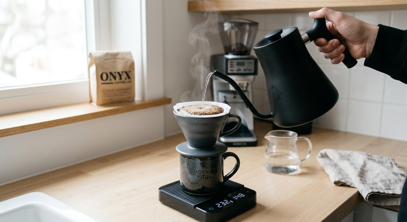 Chaleira bico de ganso preta vertendo água com precisão em café no coador. Ritual de preparo na bancada com luz natural.
