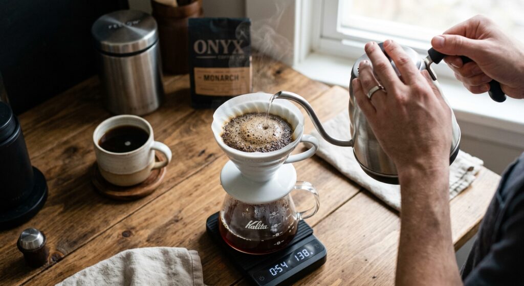Passo a passo de como fazer café coado: mãos vertem água quente sobre o pó no dripper cerâmico, criando a flor.