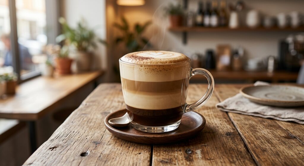 Café cremoso em close-up: espuma densa e camadas na caneca de vidro. Aprenda como fazer café cremoso gourmet em casa!