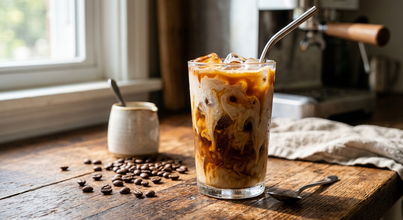 Café gelado cremoso e em camadas, com caramelo e gelo. Descubra como fazer café gelado perfeito em casa!