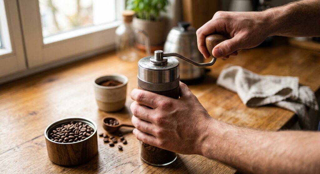Mãos habilidosas moem café fresco em moedor manual, no ritual de como moer café em casa para sabor superior.