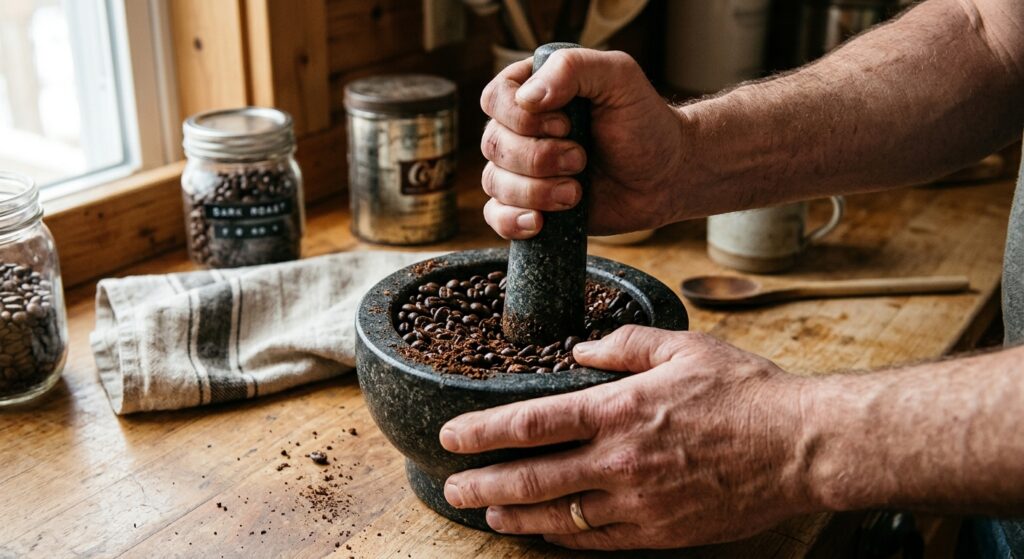 Mãos moendo grãos de café artesanalmente na cozinha. Descubra como moer café em casa sem moedor para um aroma fresco.