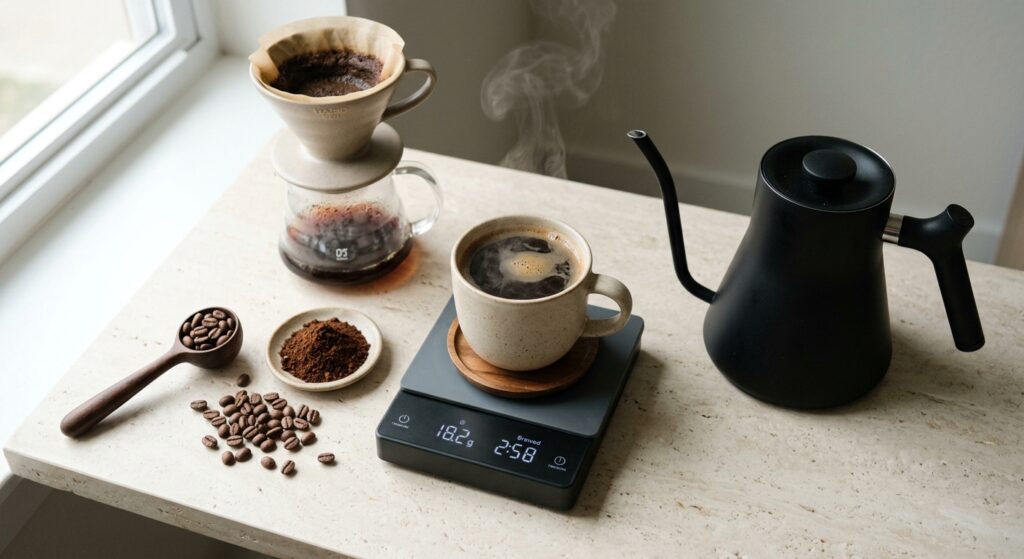Como fazer café: xícara de drip coffee fumegante, grãos, chaleira e balança. Ritual matinal de qualidade sob luz natural