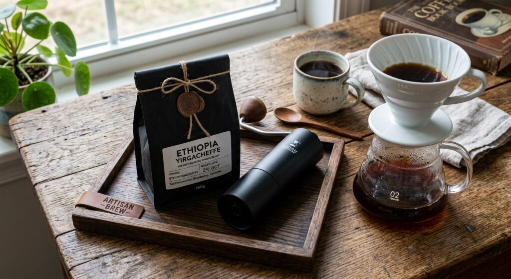 Kit café gourmet artesanal em madeira: grãos, moedor, cafeteira pour-over e caneca cerâmica.