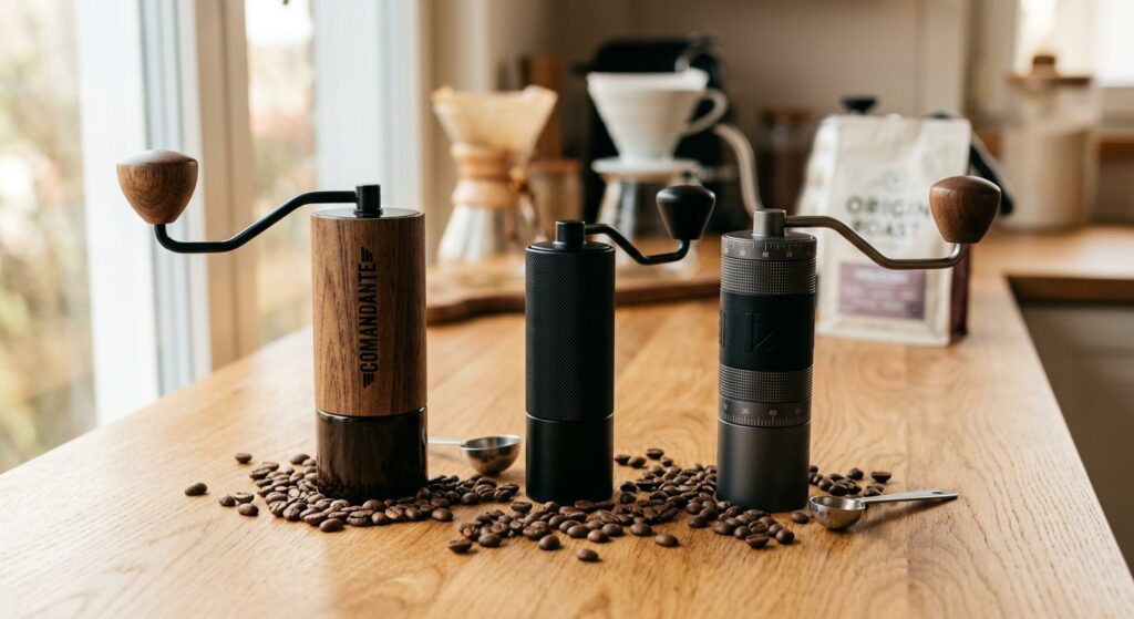 Três dos melhores moedores de café manual premium em madeira clara com grãos torrados e luz do sol. Qualidade e ritual.